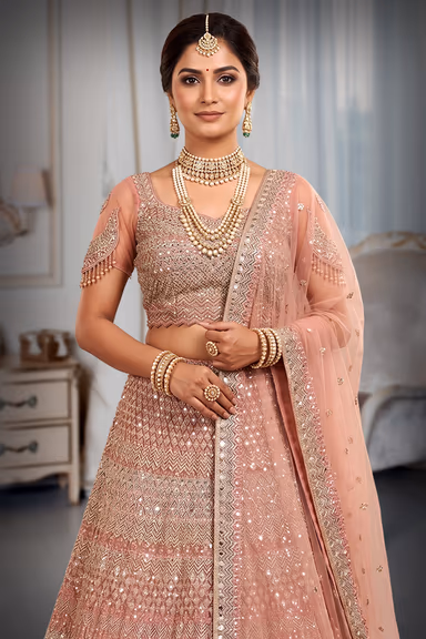 Elegant Rose Pink and Gold Heavily Embellished Lehenga Choli Set with Net Dupatta — view 1 of 3
