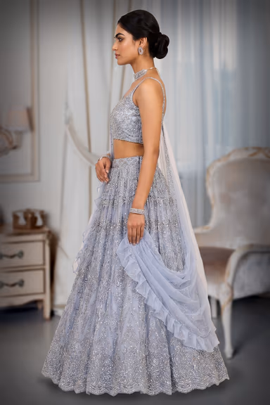 Elegant Sea Blue Netted Lehenga with Self Embroidery and Complete Beadwork — view 3 of 3