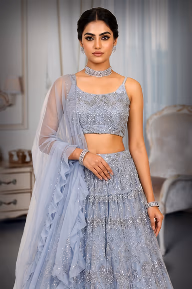 Elegant Sea Blue Netted Lehenga with Self Embroidery and Complete Beadwork — view 1 of 3