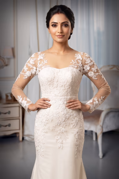 Elegant Sheer Illusion Long Sleeve Bridal Gown with Floral Lace Appliqués and Court Train — view 1 of 2