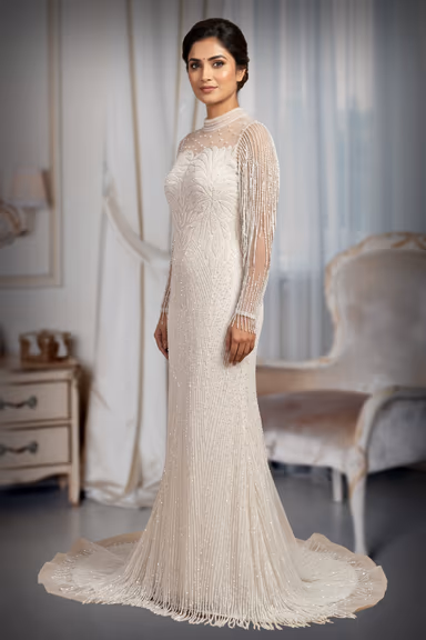 Elegant White High-Neck Sheer Mesh Sequin Embellished Floor-Length Gown — view 3 of 3