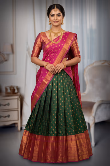 Emerald Green and Magenta Pink Traditional Silk Half Saree — view 2 of 2