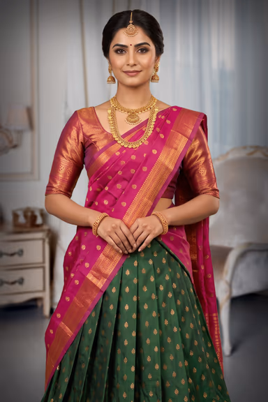 Emerald Green and Magenta Pink Traditional Silk Half Saree — view 1 of 2