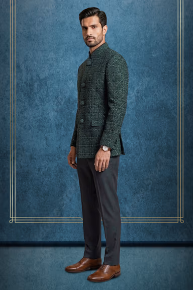 Emerald Green Embroidered Velvet Indo-Western Sherwani with Geometric Lattice Pattern — view 3 of 3