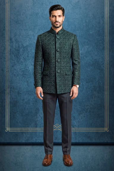 Emerald Green Embroidered Velvet Indo-Western Sherwani with Geometric Lattice Pattern — view 1 of 3
