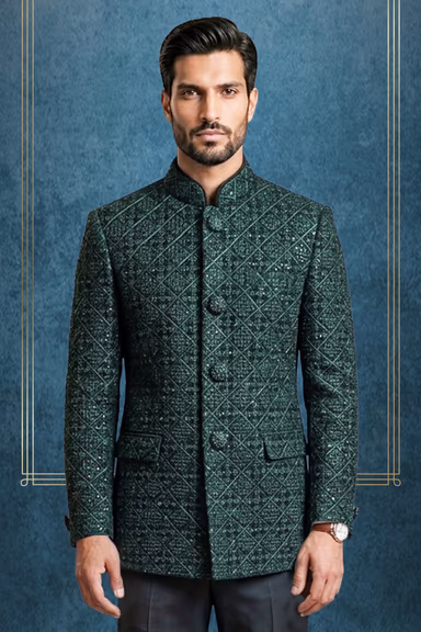 Emerald Green Embroidered Velvet Indo-Western Sherwani with Geometric Lattice Pattern — view 2 of 3