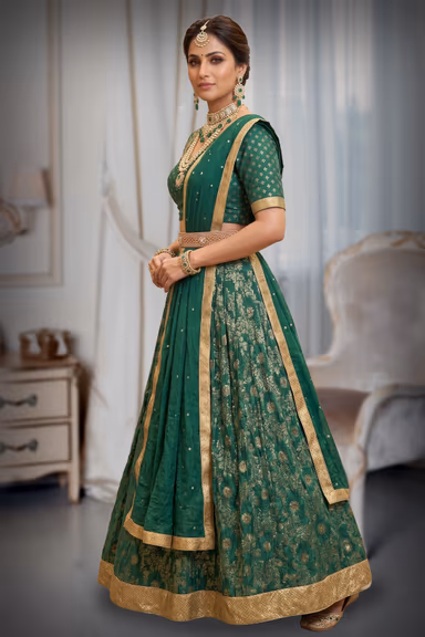 Emerald Green Floral Embroidered Lehenga with Dupatta — view 3 of 3