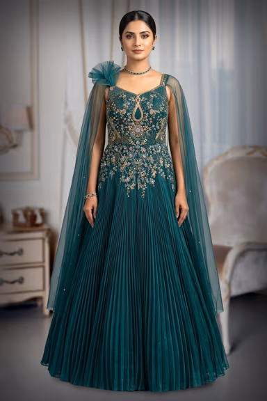Emerald Green Pleated Gown with Intricate Sugar Beads Embellished Throughout — view 2 of 3
