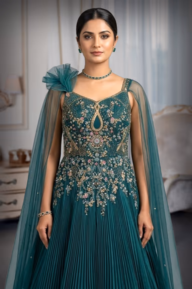 Emerald Green Pleated Gown with Intricate Sugar Beads Embellished Throughout — view 1 of 3
