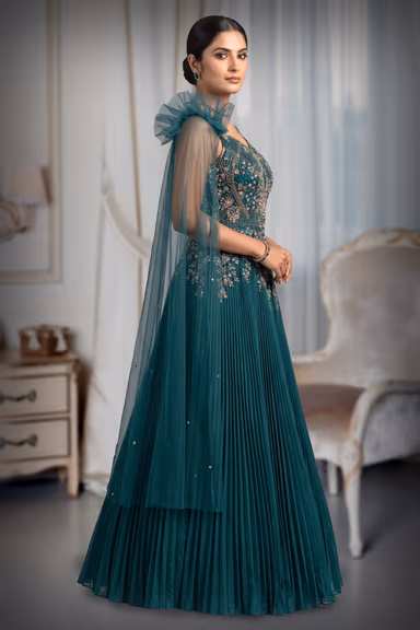Emerald Green Pleated Gown with Intricate Sugar Beads Embellished Throughout — view 3 of 3