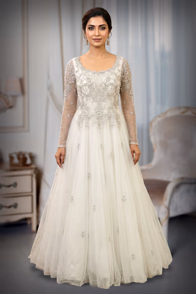 Ethereal Ivory Tulle Gown with Silver Beadwork and Cathedral Trail — view 2 of 3