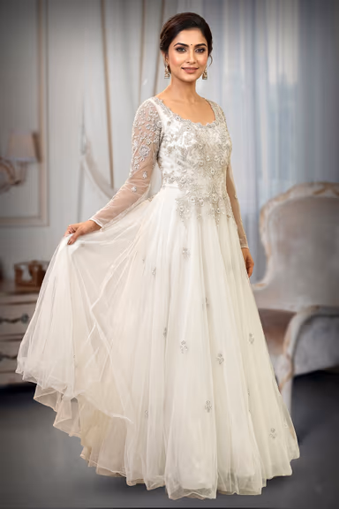 Ethereal Ivory Tulle Gown with Silver Beadwork and Cathedral Trail — view 3 of 3