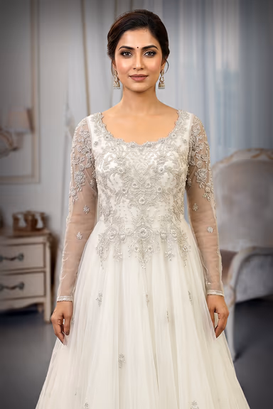Ethereal Ivory Tulle Gown with Silver Beadwork and Cathedral Trail — view 1 of 3