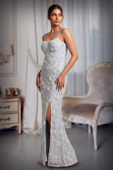 Ethereal Powder Blue Floral Sequin Maxi Gown with Thigh-High Slit — view 3 of 3