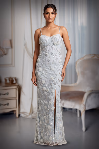 Ethereal Powder Blue Floral Sequin Maxi Gown with Thigh-High Slit — view 2 of 3
