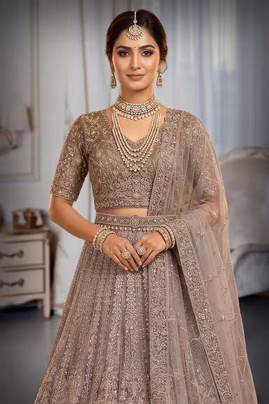 Exquisite Silver Grey Embroidered Bridal Lehenga with Elegant Net Dupatta Ensemble — view 1 of 3