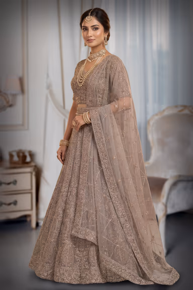 Exquisite Silver Grey Embroidered Bridal Lehenga with Elegant Net Dupatta Ensemble — view 3 of 3