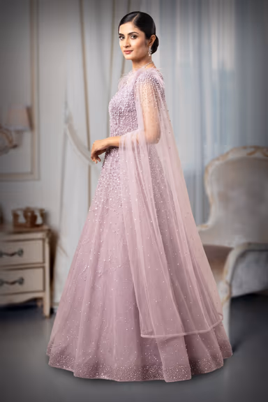 Glamorous Lilac Net Embellished Evening Gown with Feathered Shoulder Cape Sleeves — view 3 of 3