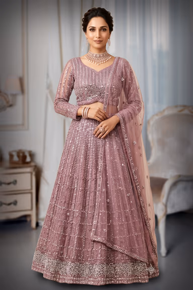 Glamorous Mauve-Pink Net Lehenga Set with All-Over Vertical Mirror-Work & Crystal Grid Embroidery — view 2 of 3