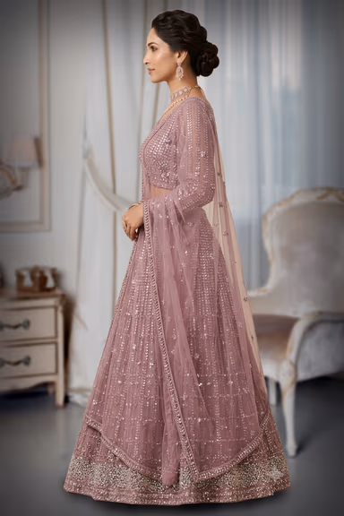 Glamorous Mauve-Pink Net Lehenga Set with All-Over Vertical Mirror-Work & Crystal Grid Embroidery — view 3 of 3