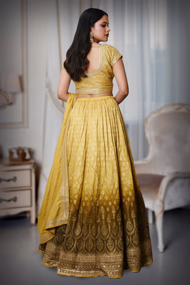 Dazzling Lemon Yellow Lehenga Set, Adorned With Intricate Beadwork And Delicate Flower Motifs — view 3 of 3