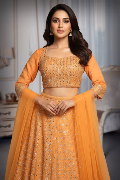 Georgette ,Thread Work and Mirror Worked lehenga with ankle Sleeve Blouse along with a Dhuppatta. — view 1 of 2