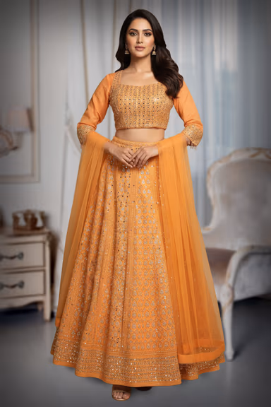 Georgette ,Thread Work and Mirror Worked lehenga with ankle Sleeve Blouse along with a Dhuppatta. — view 2 of 2