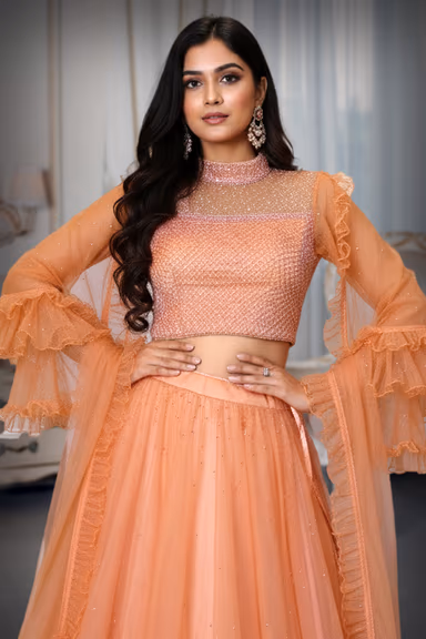 Peach Net Lehenga with Cut beads & Sequin Embroidery — view 1 of 2