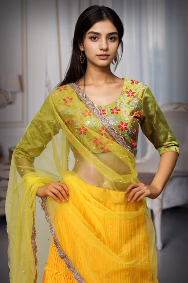 Yellow  Georgette Flare Lehenga With Floral Embellished Blouse And Dupatta — view 1 of 2