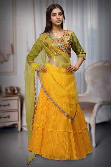 Yellow  Georgette Flare Lehenga With Floral Embellished Blouse And Dupatta — view 2 of 2