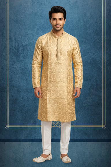 Golden Traditional Self-Design Kurta with Elegant Beige Bottom Set — view 1 of 3