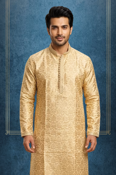 Golden Traditional Self-Design Kurta with Elegant Beige Bottom Set — view 2 of 3