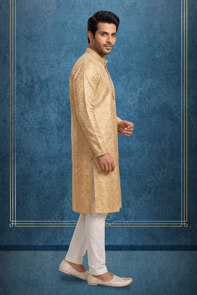 Golden Traditional Self-Design Kurta with Elegant Beige Bottom Set — view 3 of 3