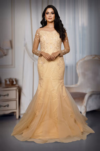 Champagne Gold Illusion Mermaid Gown with Intricate Floral Embroidery and Tulle Flare — view 2 of 2