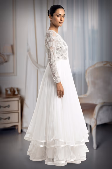 Ethereal Ivory Embroidered Net Gown with Curly Ruffle Hem — view 3 of 3