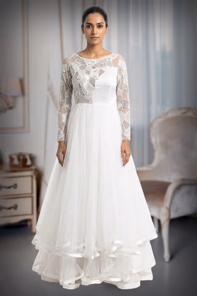 Ethereal Ivory Embroidered Net Gown with Curly Ruffle Hem — view 2 of 3