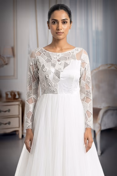 Ethereal Ivory Embroidered Net Gown with Curly Ruffle Hem — view 1 of 3