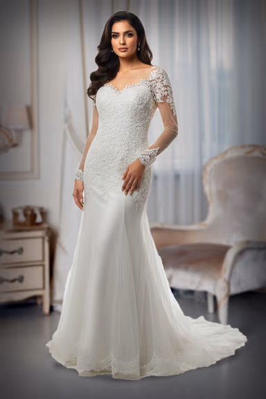 Ethereal Ivory Lace A-Line Wedding Dress with Sheer Long Sleeves and Tulle Skirt — view 2 of 2
