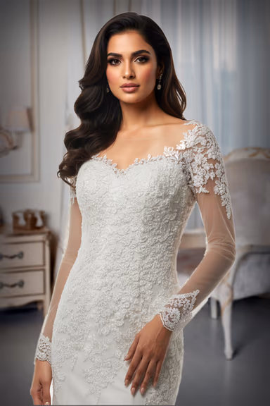 Ethereal Ivory Lace A-Line Wedding Dress with Sheer Long Sleeves and Tulle Skirt — view 1 of 2