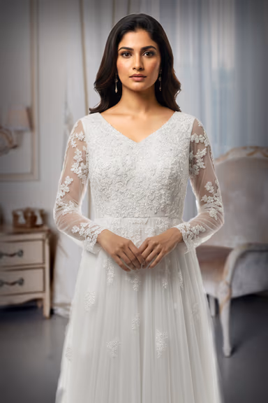 Ethereal Ivory Tulle Gown with Chantilly-style Lace Appliqués and Illusion Sleeves. — view 1 of 2