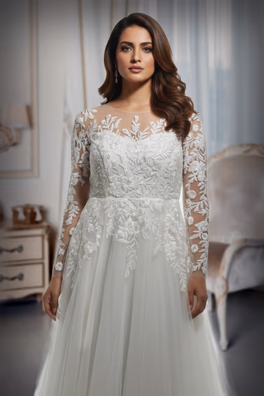 Illusion Neckline Floral Lace Appliqué Gown with Layered Tulle Skirt — view 1 of 2