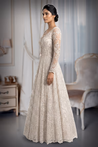 Elegant Ivory Bridal Gown , fully heavy worked along with the veil . — view 3 of 3