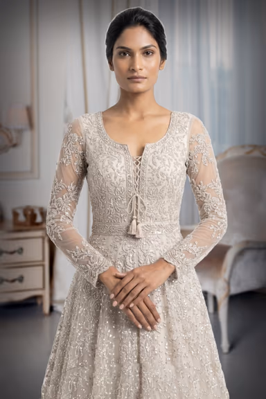 Elegant Ivory Bridal Gown , fully heavy worked along with the veil . — view 1 of 3