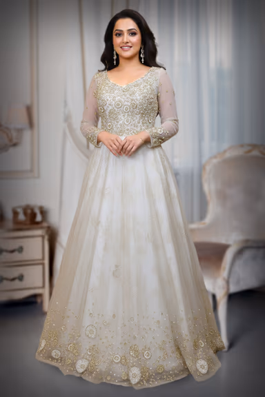 Ivory/Off-White Bridal Gown with Heavy Gold Zari and Sequin Work — view 2 of 3