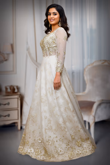 Ivory/Off-White Bridal Gown with Heavy Gold Zari and Sequin Work — view 3 of 3