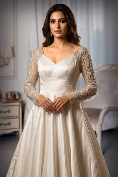 Ivory Satin A-Line Evening Gown with Ornate Lace Detailing — view 1 of 2