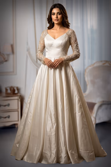 Ivory Satin A-Line Evening Gown with Ornate Lace Detailing — view 2 of 2