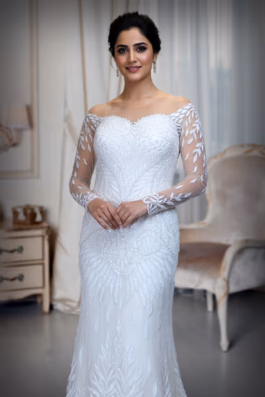 Off-Shoulder Mermaid Bridal Gown with Leaf Embroidery — view 1 of 3