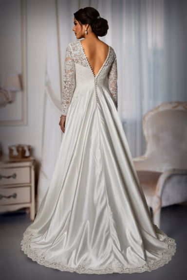 Off- White Satin and Lace Long-Sleeve Bridal Gown — view 3 of 3