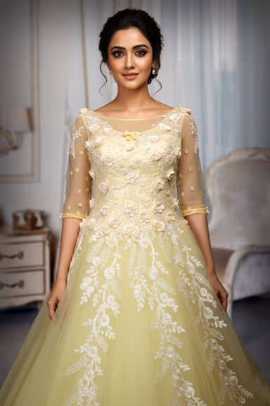 Pastel Yellow A-Line Tulle Gown with 3D Floral Embellishments — view 1 of 4